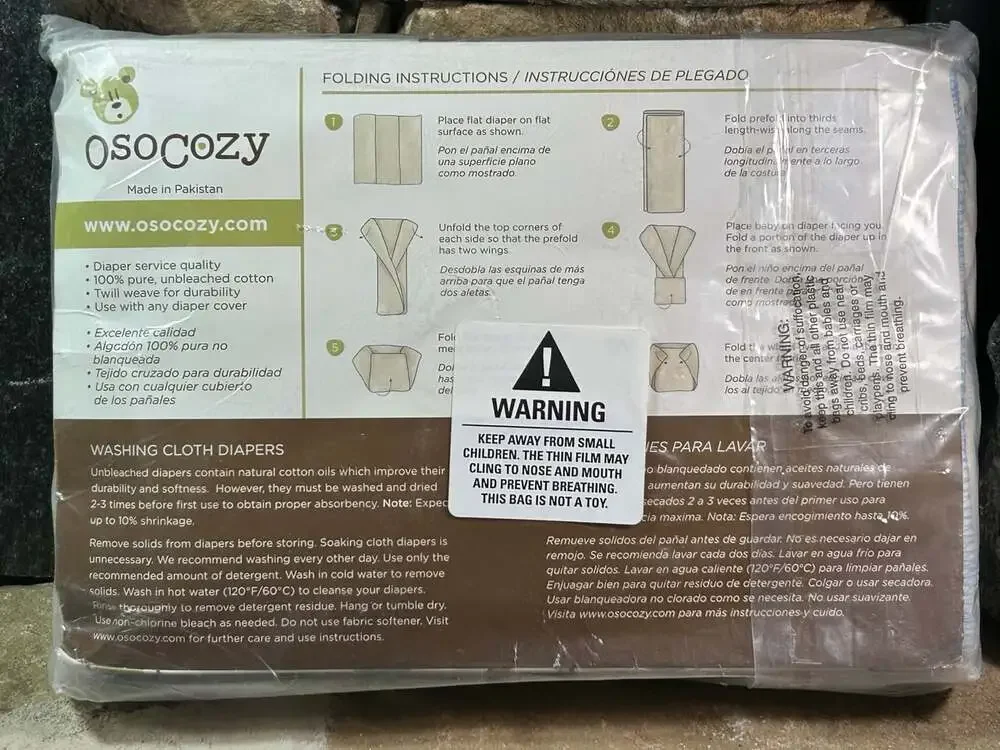 OsoCozy  100% Cotton Unbleached Pre-Folded Diapers Size 1 Quantity 6, 7-15 LBs